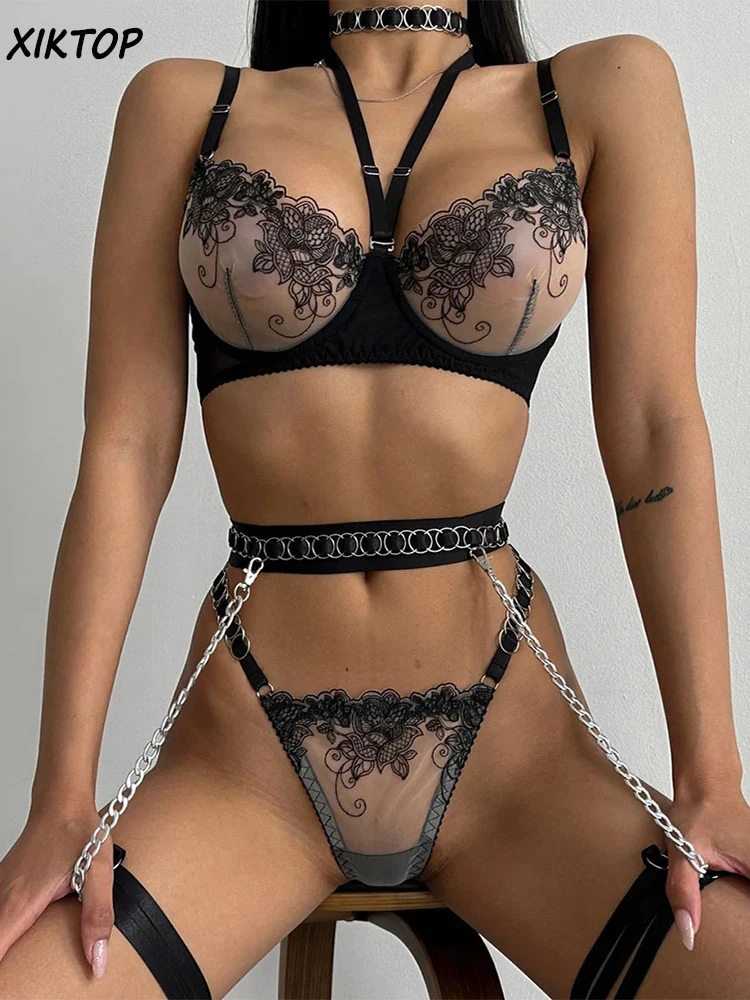 

Xiktop Sheer Lingerie Sexy Chic Set Mesh Floral Embroidered Halter Brassiere G-String Intimate Bras Sets With Garter Belt Female