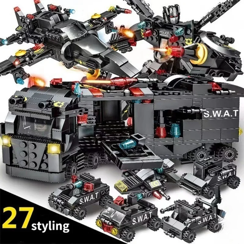 585pcs 8in1 SWAT Police Station Command Truck Model Building Blocks City Helicopter Bricks Kit Educational Toys for Children 2