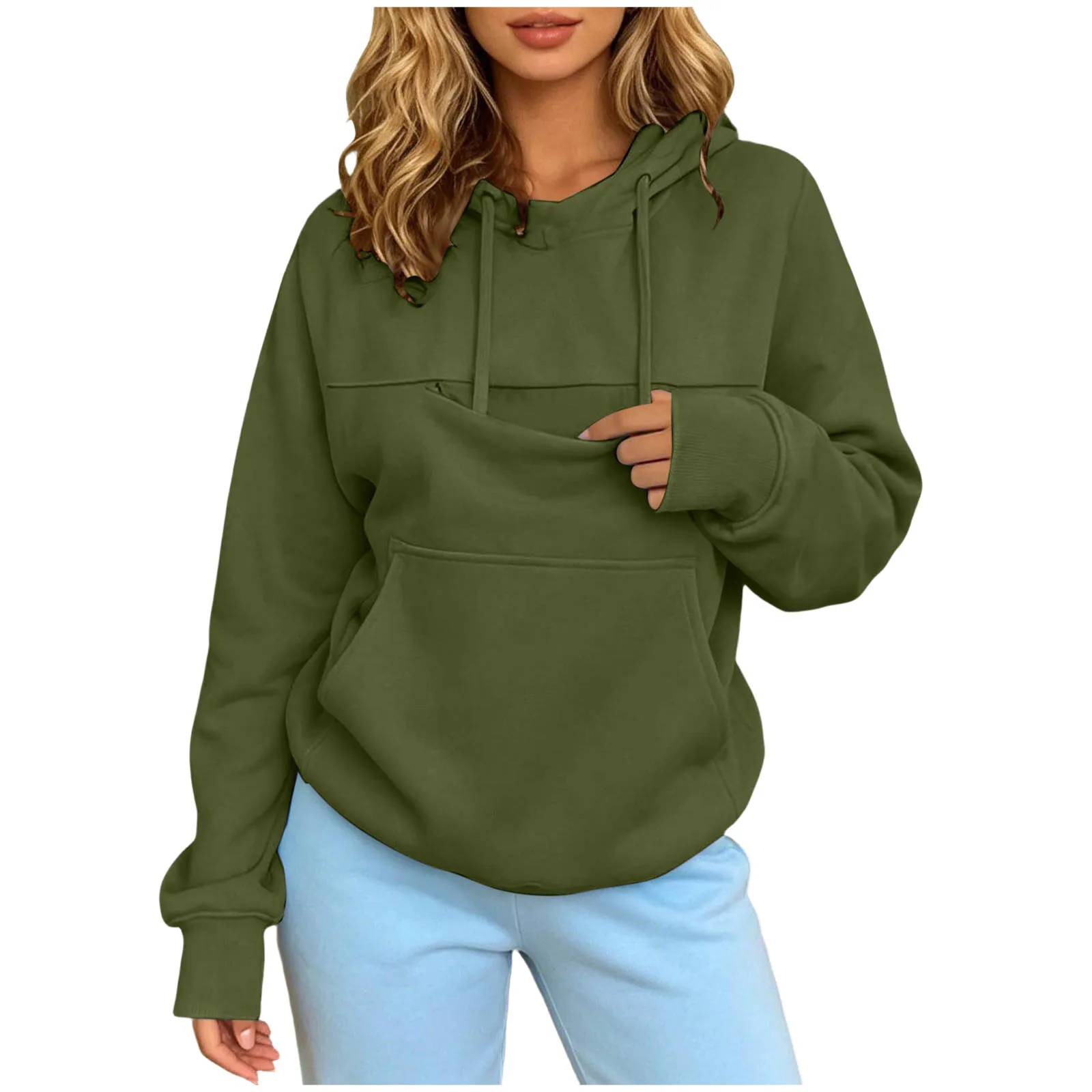 Women Pet Carrier Hoodie With Pet Pocket Drawstring Long Sleeve Cat Dog Holding Pullover Solid Loose Casual Pet Lover Sweatshirt