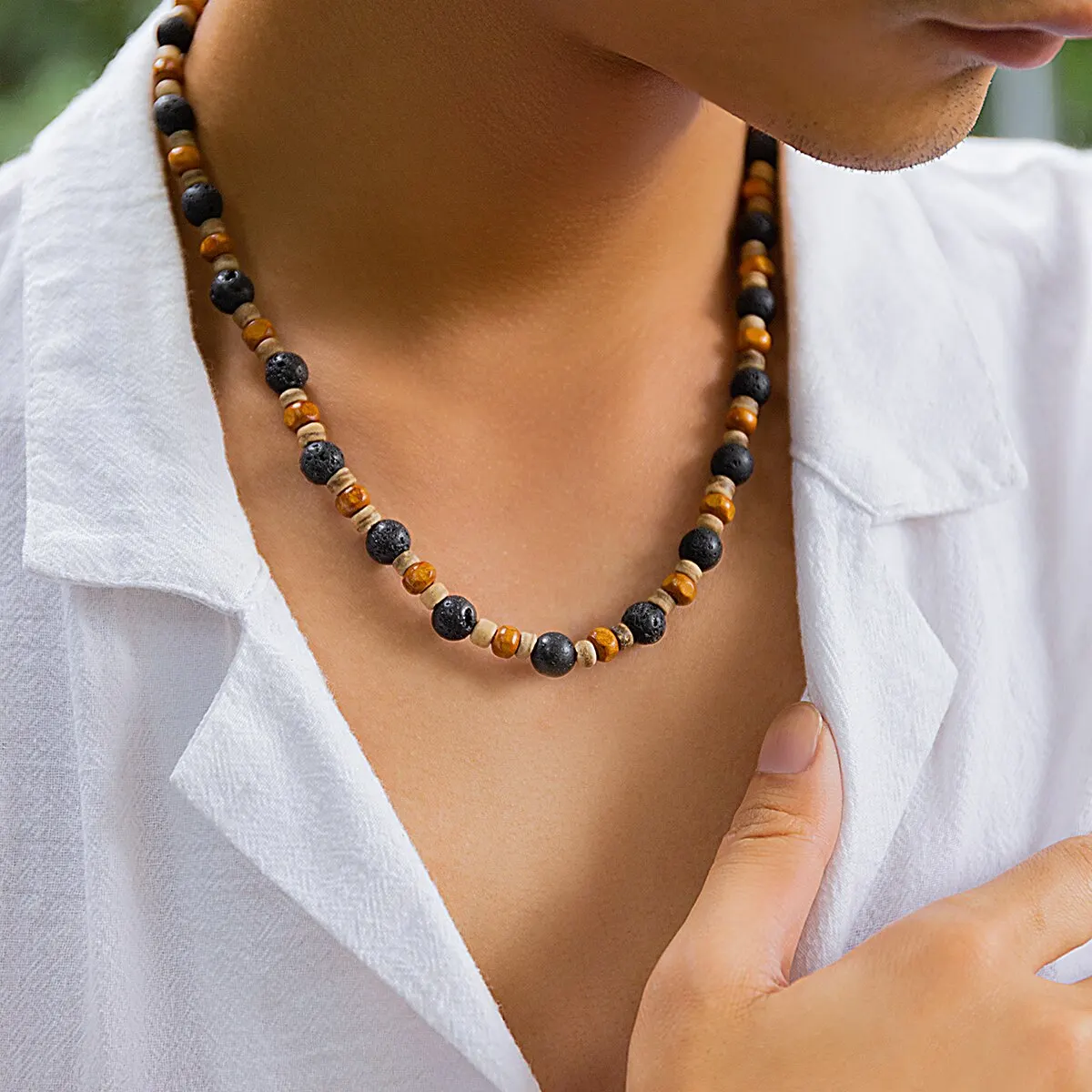 Retro Boho Wood Bead Stone Chain Necklace for Men Punk Simple Short Clavicle Choker Y2K Accessories Fashion Jewelry Gift Party