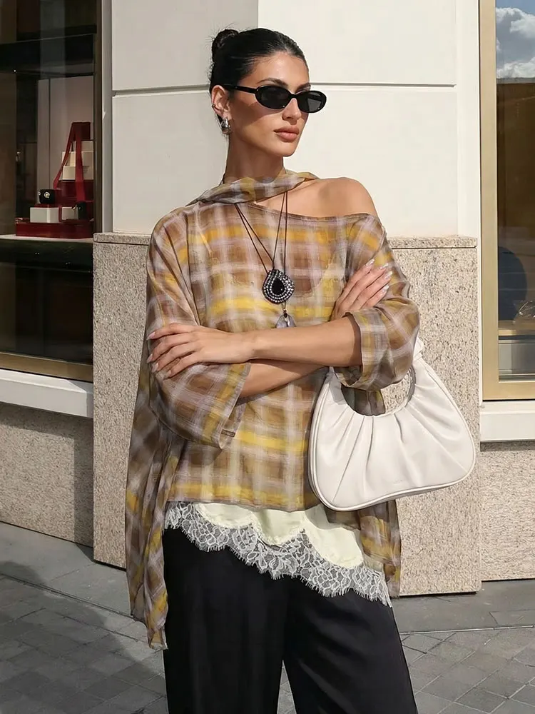HH Frauen Mode Plaid Print Bluse Vintage Casual Lose Asymmetrische Saum Tops Mit Schal Sommer Dünne Weibliche Urlaub Strand Outfits