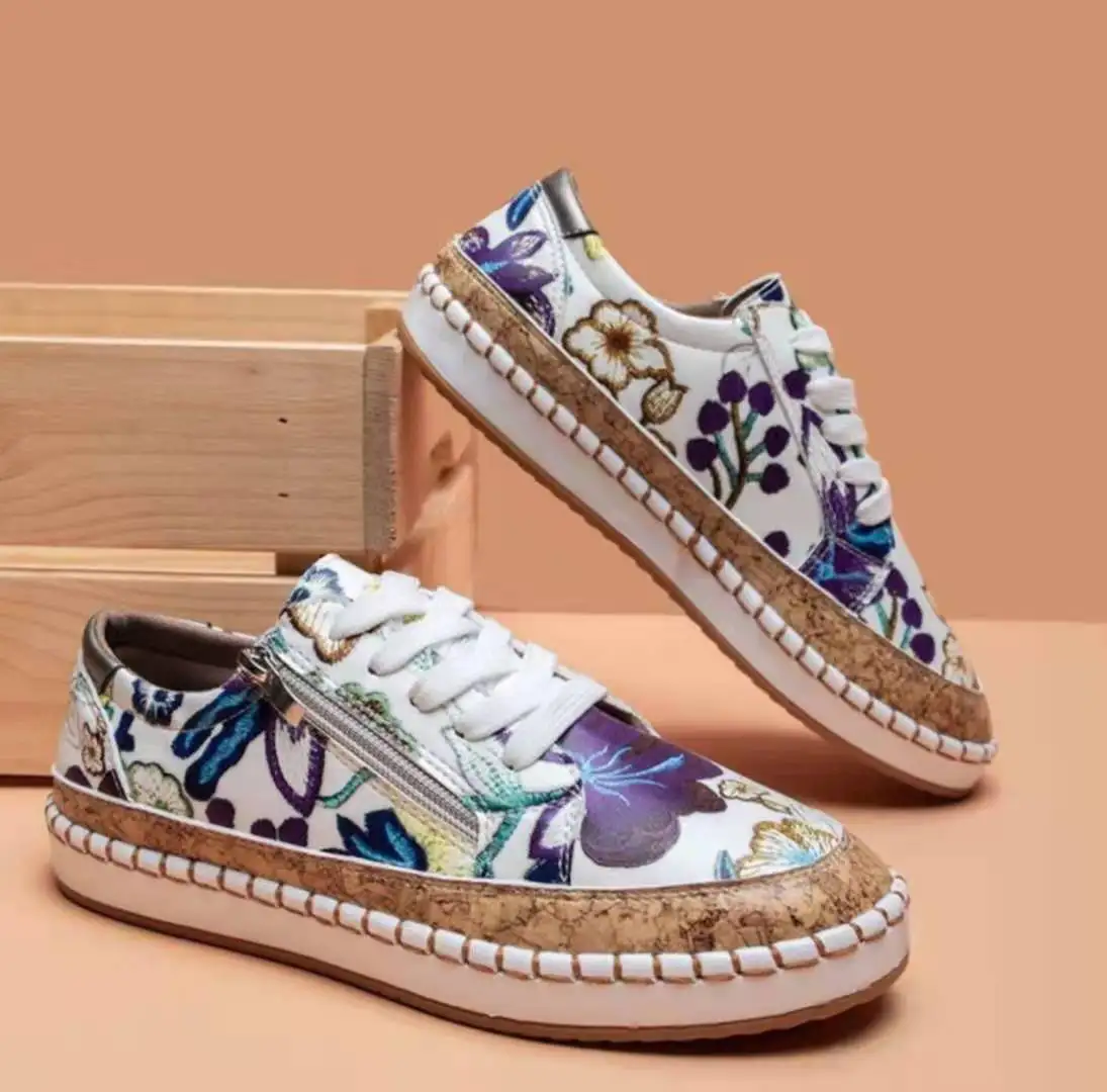 Women Sneakers Elegant Floral Printed Lace Up Flat Shoes