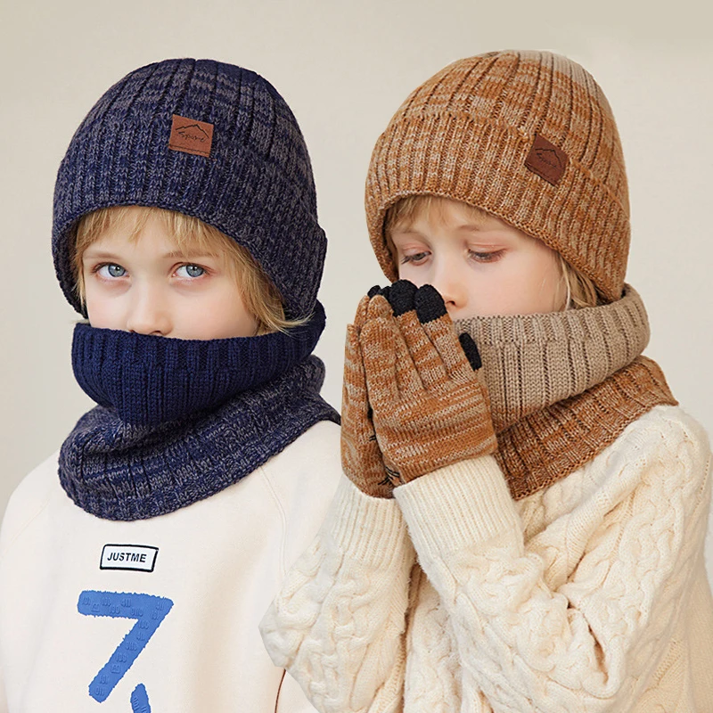 2/3pcs Kids Knitted Hat Set Plush Lining Winter Children Beanie Hat