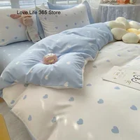 Sweet Blue Love Heart Printed Bedding Set For Girls Adults Children Bed Cover And Flat Sheet Pillowcases Soft Full Size 3/4pcs