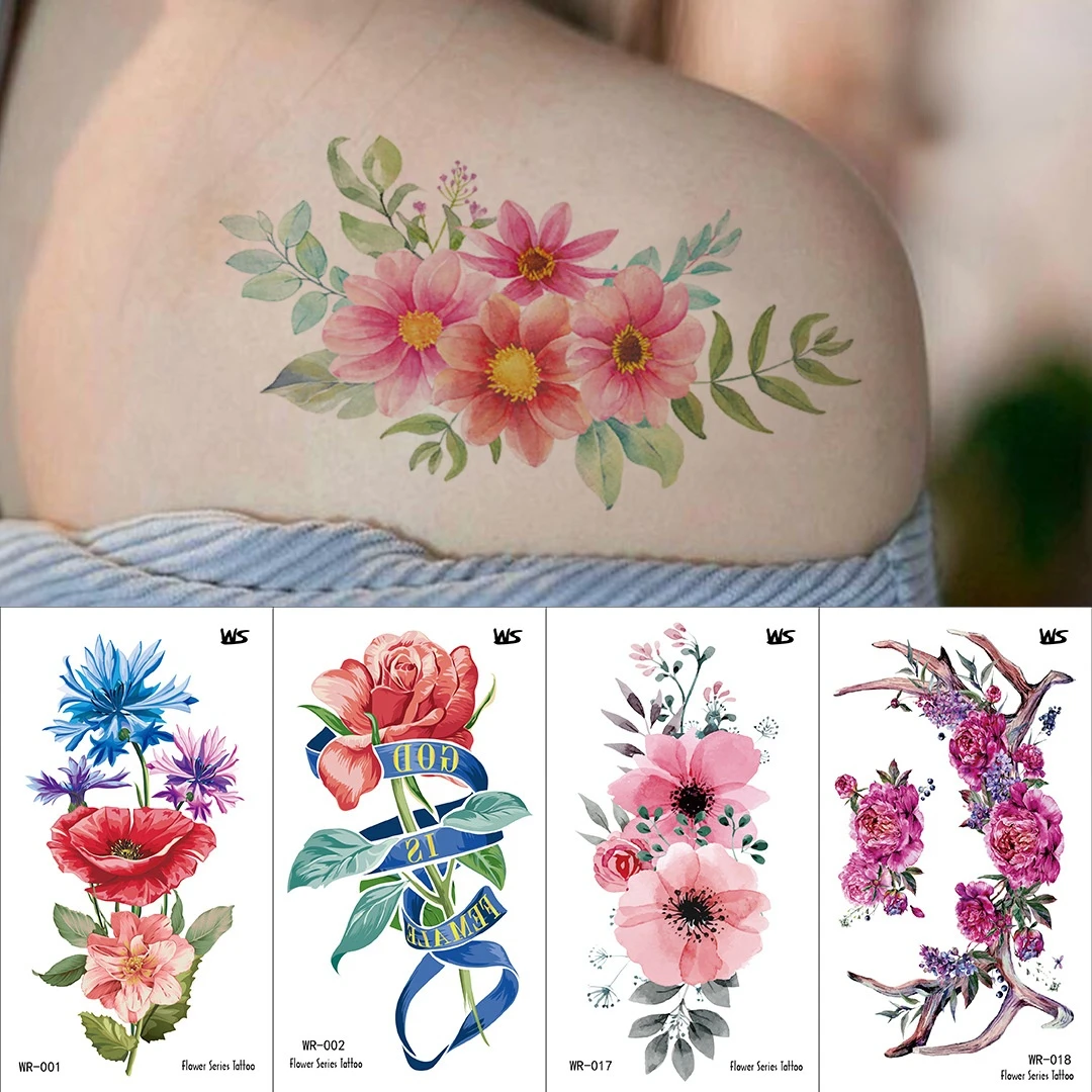 

Waterproof Temporary Tattoo Sticker Flower Decal Arm Leg Chest Flower Rose Eco-friendly Tatoo Fake Tatto for Woman Body Art