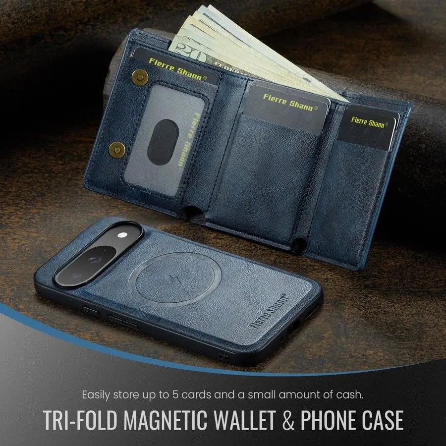 Magnetic Detachable Leather Wallet Phone Stand with Wireless Charging Capability