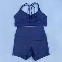 Ensemble de Yoga et vélo de Sport de couleur unie, Legging court + soutien-gorge de Sport croisé, survêtement athlétique pour femmes, entraînement complet, Jogging 4