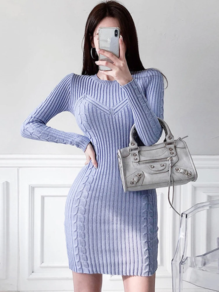 

new arrival fashion spring autumn solid knitting mini dress women elegant temperament office lady wild basic bodycon dress