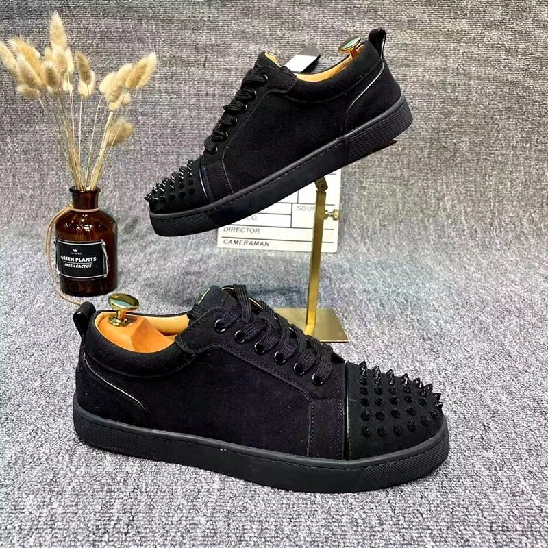 large size mens casual studded shoes lace-up cow suede leather rivets shoe stage singer DJ dress black flats spikes sneakers man 2