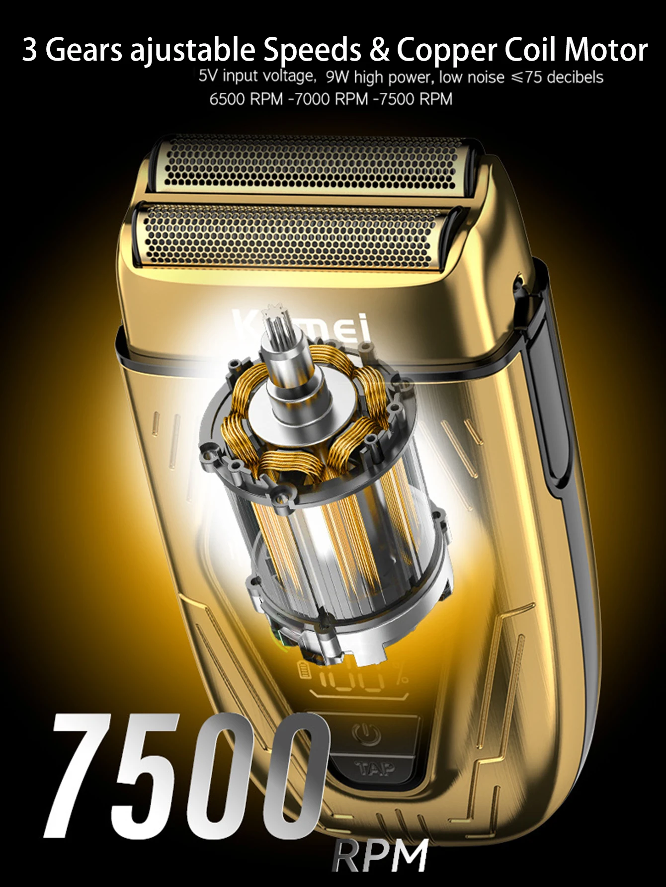 Kemei T360 New Electric Shaver with LED Display Screen Rechargeable Hair Beard Razor Bald Head Shaving for Men