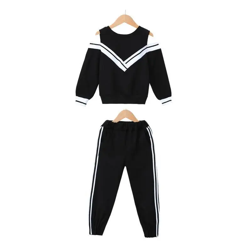 Mode Grote Meisjes Sport Past Off Schouder Zwarte En Witte Kleding Set Voor Tiener Herfst Trainingspak Kids Plus Size Sportkleding