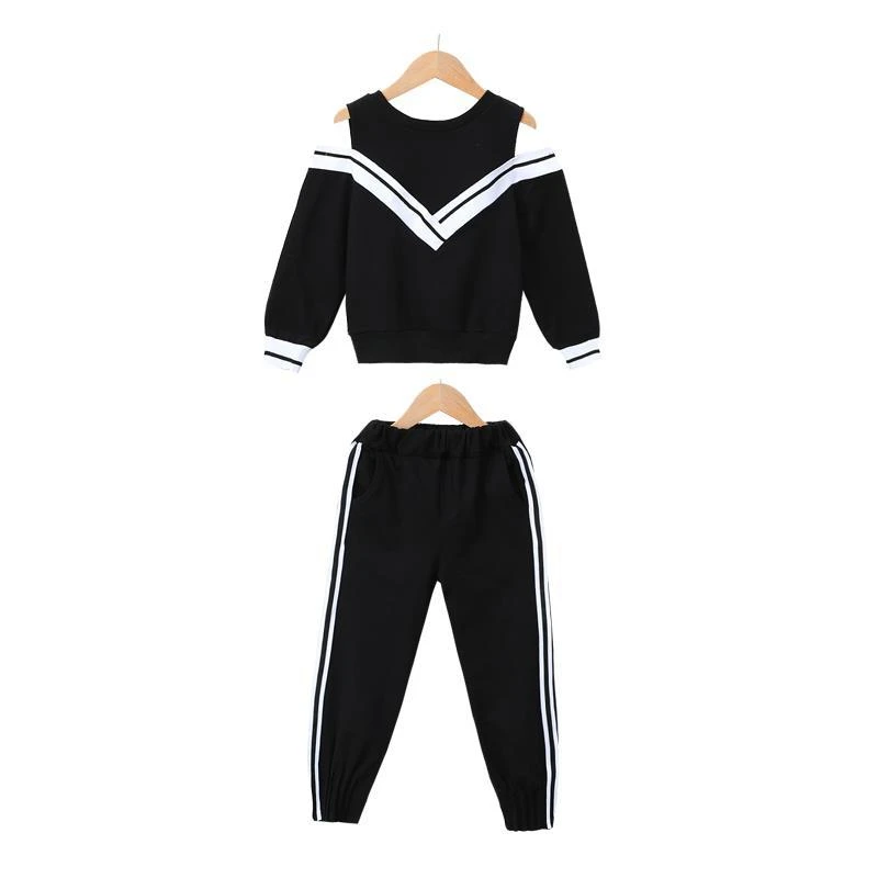 Fashion Big Girls Sports Suits Off Shoulder Black And White Clothing
