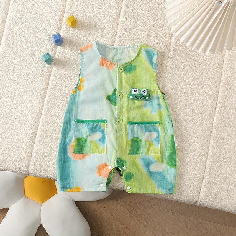Summer Cute and Casual JumpSuit Frog and Lion Head Print Romper Half Front Open Wide Shoulder Short Crawling 2