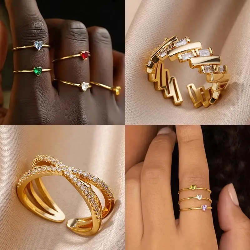 Zircon Heart Birthstone Rings Stainless Steel Gold Color 12-color