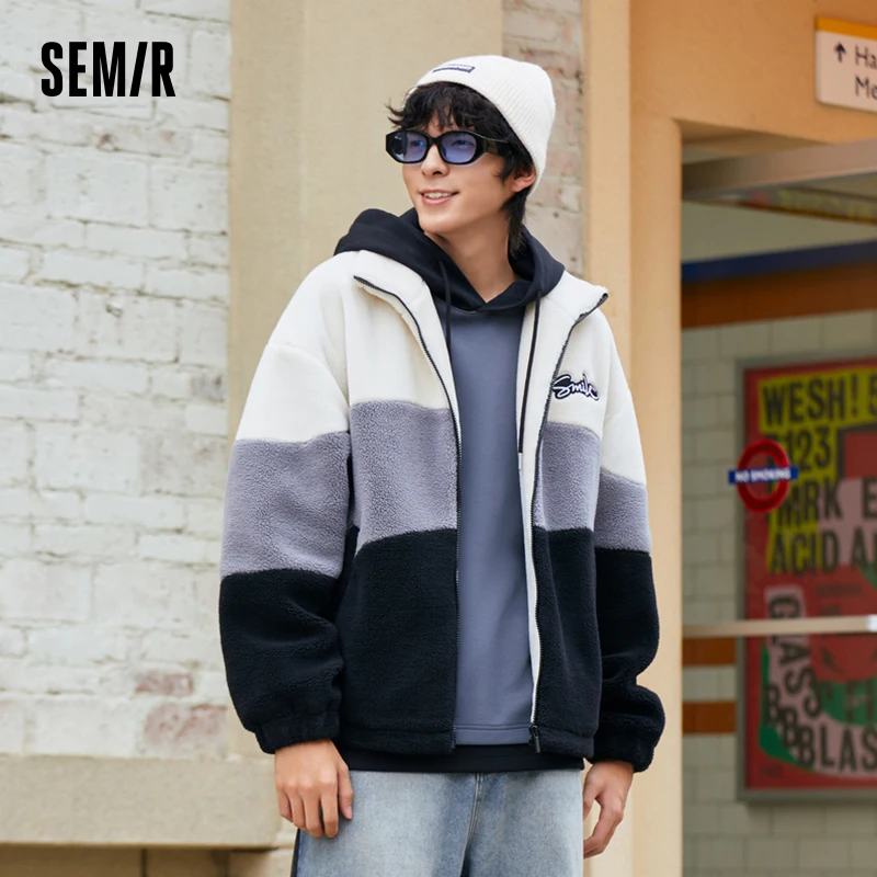 

Semir Jacket Men Winter Fashion Contrasted Color Splicing Imitation Lamb Wool Loose Trendy Stand Collar Warm Jacket