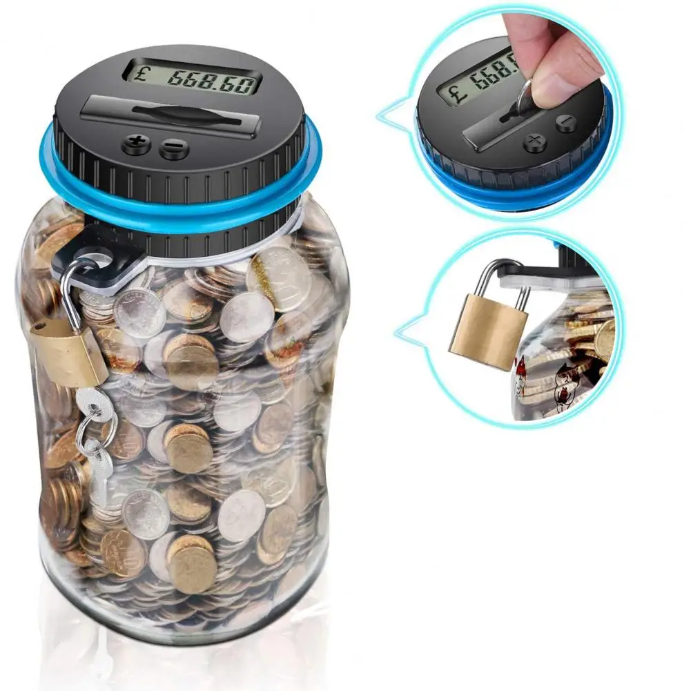 Money Box with Lcd Screen Capacity Coin Container Digital Lcd Counter Piggy Bank with Lock Secure 2.5l Plastic Coin for Home 6