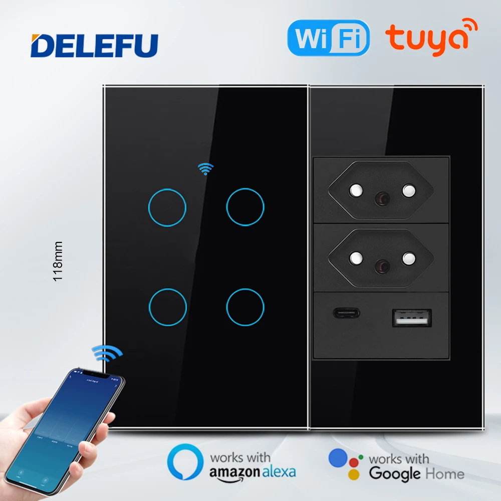 Interruptor de Parede Tuya Wifi com 118 Painel Tátil Eua Brasil Funciona com Google Home Alexa Sensor Controladores de Voz 1000w
