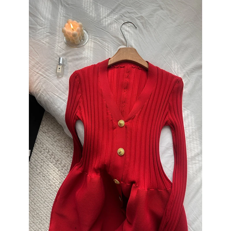 New Women Knitted Elegant V-neck Mini Dress Winter Long Sleeve Korean Single Breasted Sexy Party Ball Gown Dresses Super Short 4