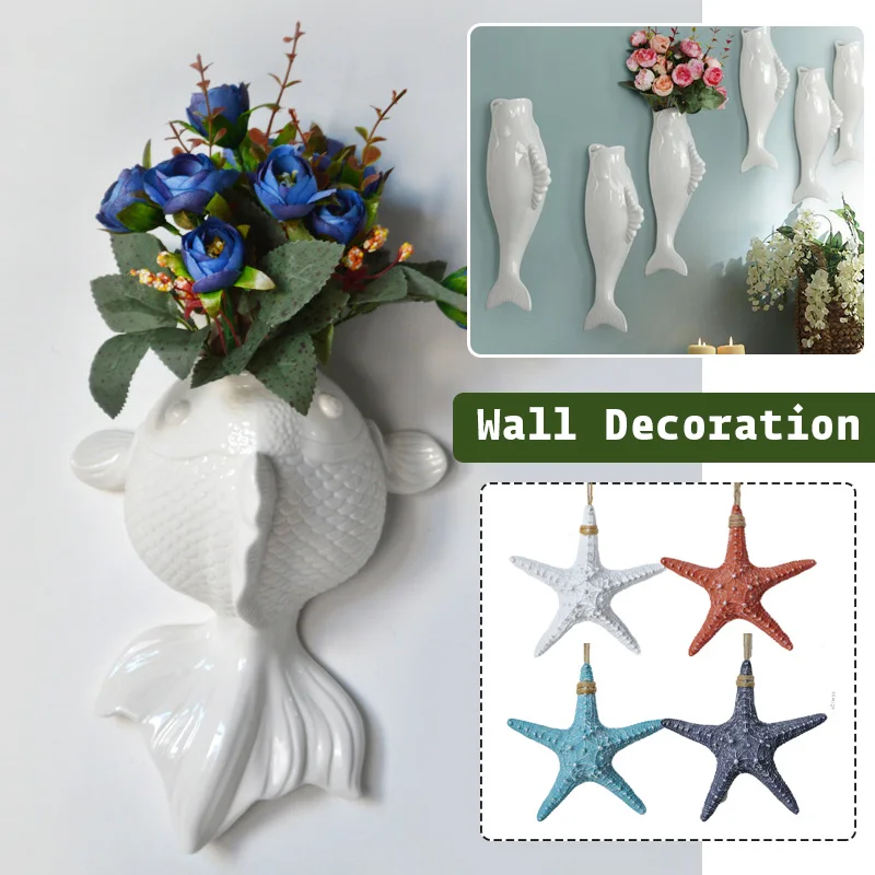 Nautical Style Home Wall Hanging Decoration Resin Starfish Background Decor Pendant Modern Creative Wall Ceramic Goldfish Vase 4
