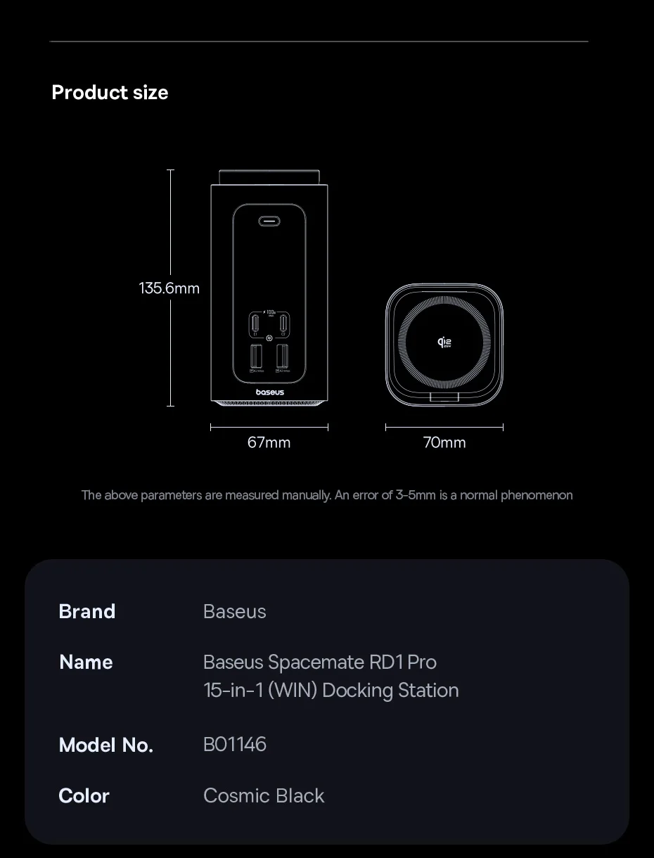 Baseus 160W 15-in-1 USB-C Docking Station with 4K HDMI & Qi2