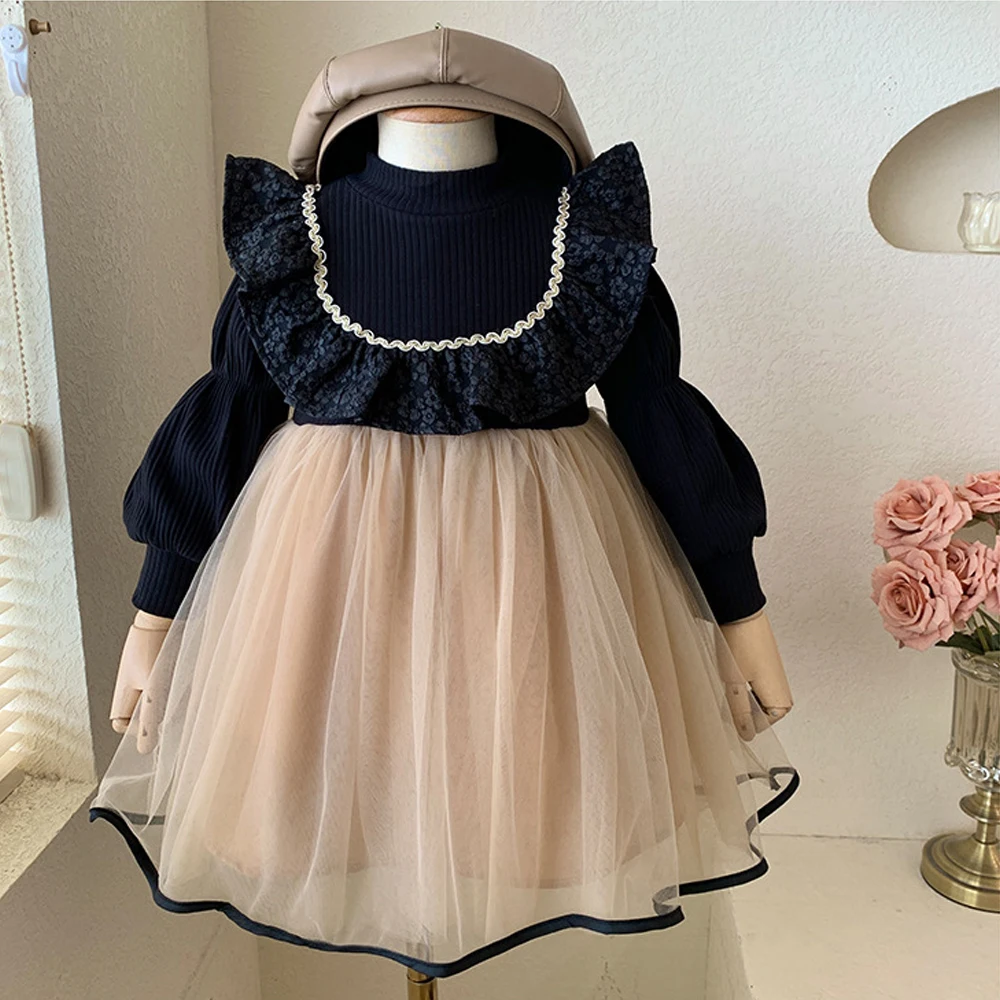 

Winter Dresses for Girls 2023 Child Warm Velvet Puff Sleeve Sweater Dress for Kids Black Color Pleated knitted Princess Dress