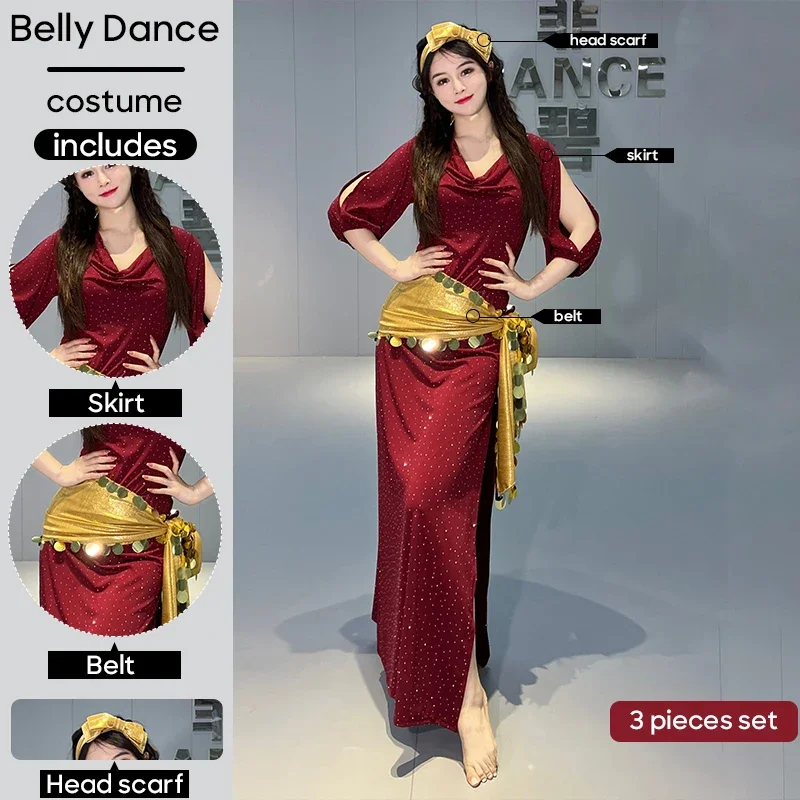 3 قطعة مجموعة وشاح الرأس حزام وتنورة ملابس رقص البطن مثير بدلة ممارسة الملابس للنساء البالغات مرحلة الأداء