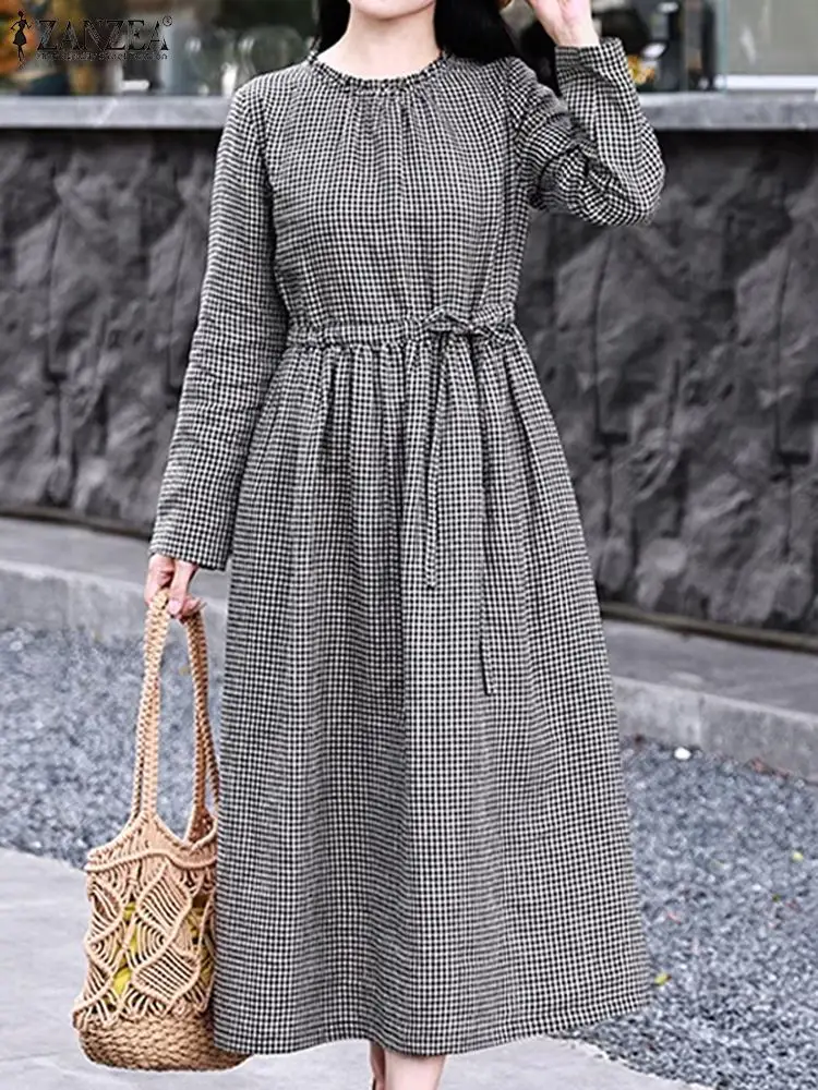 

ZANZEA Holiday Loose Round Neck Vestidos 2024 Women Checked Pring Dresses Summer Belted Long Sundress Fashion Long Sleeve Robes