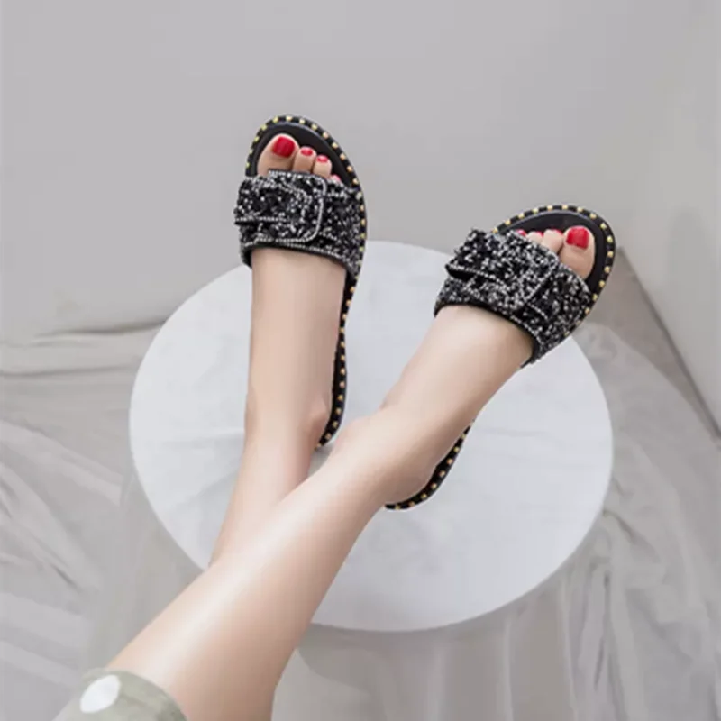 Lady Bow High Quality Bling Shoes Casual Summer Open Toe Women Slides Sequined Cloth Flat Slippers Black Grey Plus Sizes 43 -35