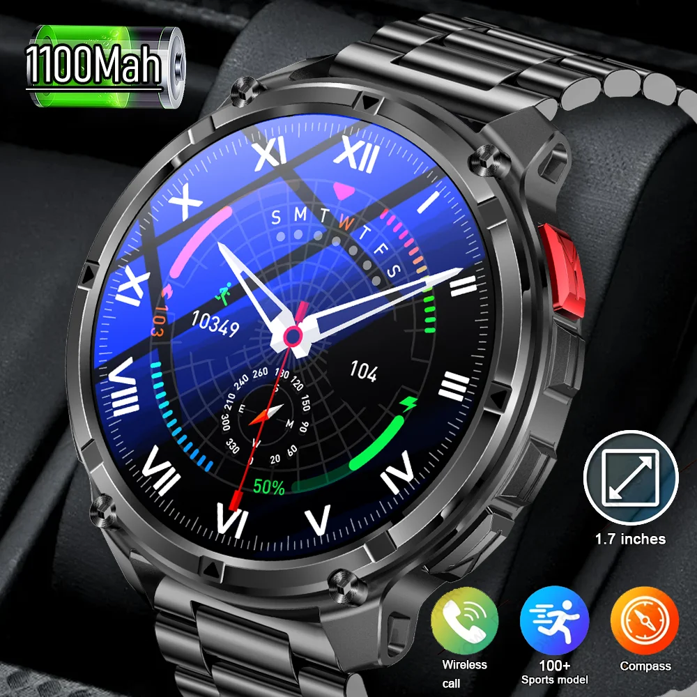 2025 Outdoor Sport Smart Watch Men 1100mAh Large Battery LED Light Compass Watch Heart Rate Wireless Call 1.7" HD Wristwatch Men