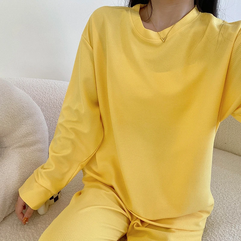 Spring and autumn pajamas women's loose and casual round neck can wear solid color plaid knitted cotton home clothes 2-piece set