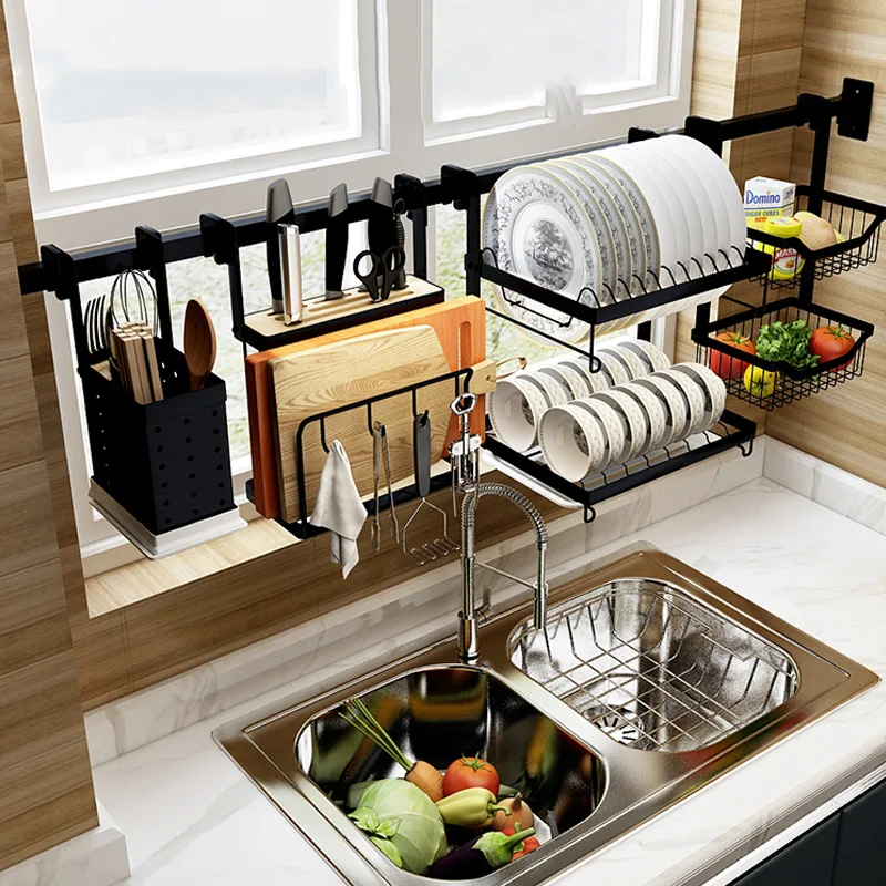 Stainless Steel Kitchen Rack Wall-mounted Free Punch Sink Drain