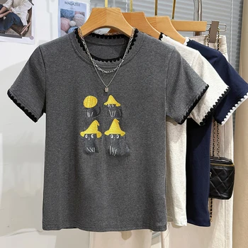 2025 الصيف لطيف القط المطرزة تي شيرتات قصيرة الاكمام المرأة عادية فضفاض س الرقبة تي شيرتات قطن جديد شيك الكرتون الطباعة القمم 5