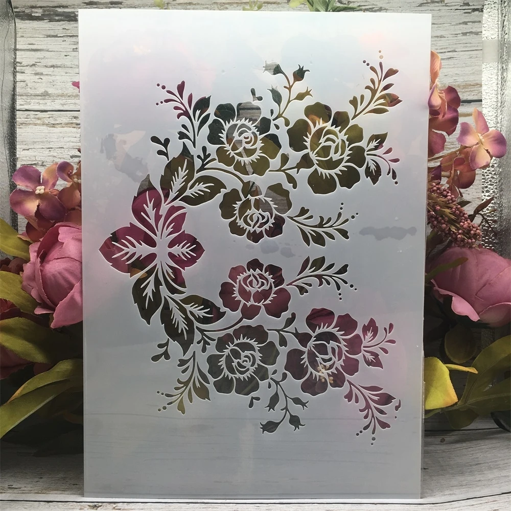 6Pcs A4 29cm Rose Flower Plum Garland DIY Layering Stencils Wall Painting Scrapbook Coloring Embossing Album Decorative Template