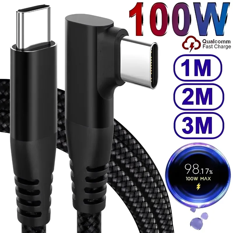 100W Fast Charging Elbow USB-C to USB-C Data Cable - Available in 1m, 2m, and 3m