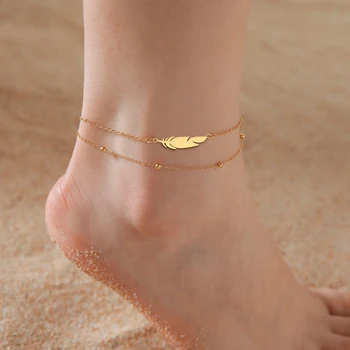 Kkjoy Fashion Simple Stainless Steel Foot Chain of Women Gold Color Feather Anklet Lucky Red String Jewelry Accessories Gifts