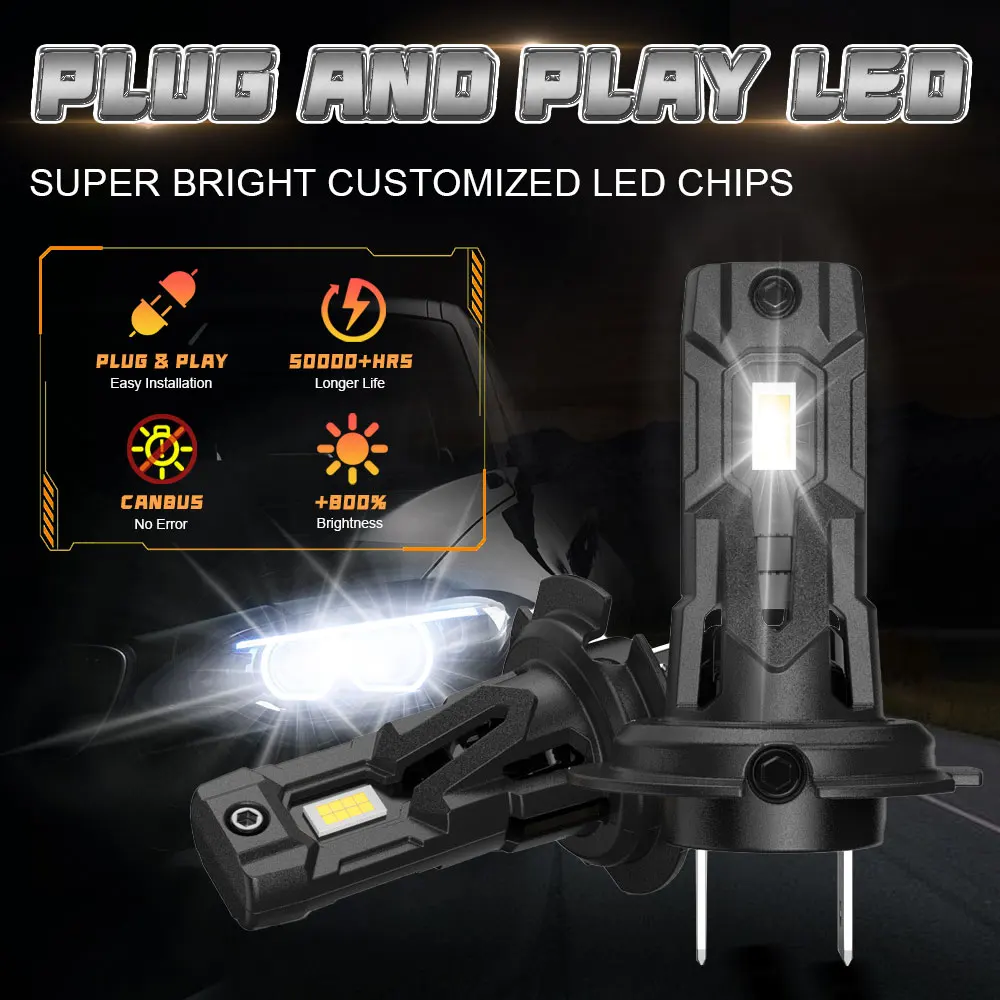 H7 LED 헤드라이트 전구1000W 600000LM 무선 CSP 미니 헤드램프(자동차용 팬리스 자동 다이오드 안개등 12V 6000K 자동차 조명)