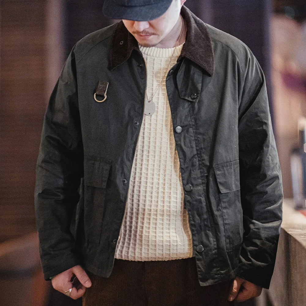 Maden Vintage Spey Waxed Fishing Jacket Distressed Outdoor Corduroy Collar with Pockets Coat for Men’s Autumn Classic Overcaot