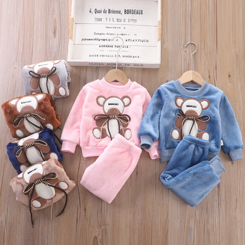 

New Winter Children Cartoons embroidered Pajamas Boy Long Top and Pant Thicken Warm Flannel Sleepwear Girls Fleece Homewear 0-6Y