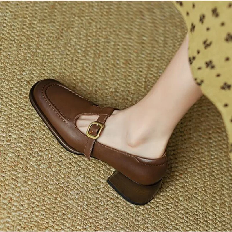 

British Style Leather Shoes for Women Autumn Fashion Retro Brown Square Head Belt Buckle Chunky Heel Shoes Zapatos Mujer Tacon