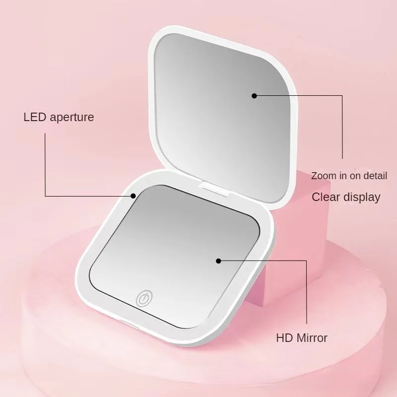 컴팩트 휴대용 미니 LED 조명 메이크업 거울, 2X 확대 휴대용 포켓 여행 접이식 여성 화장품 포켓 미러