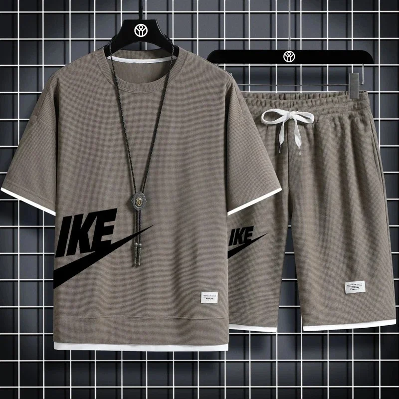2024 New Summer Round Neck Short Sleeve Men Casual Sports Set Loose T-shirt Shorts Waffle Style Clothing Personality Streetwear