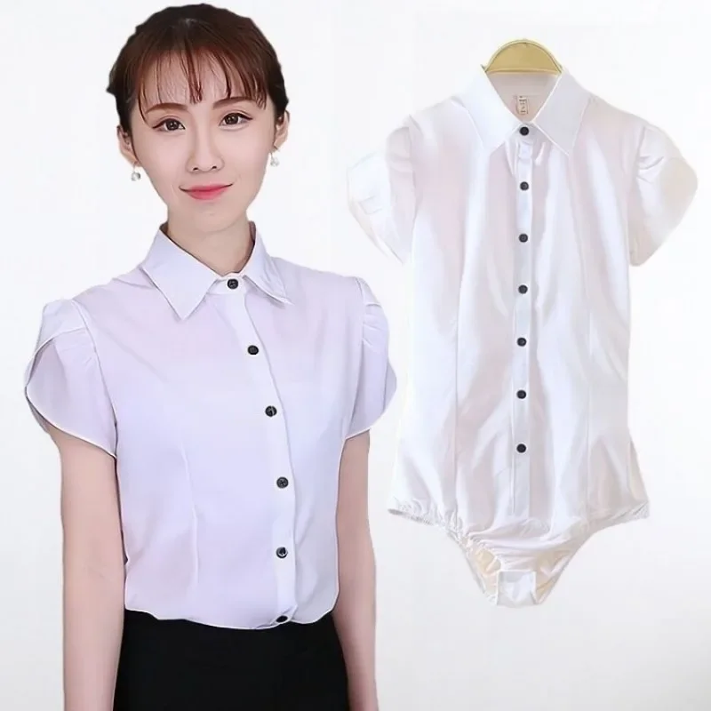 Korean Version White Shirt Women New Lotus Leaf Sleeved Chiffon Shirt Short Sleeved OL Jumpsuit  Professional Wear Work Clothes