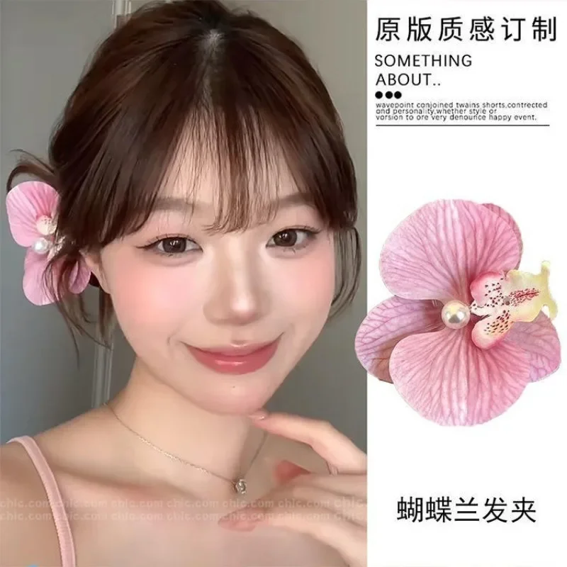 Dolce rosa fiore di orchidea fermaglio per capelli copricapo coreano fiore di perla hairgrip mollette ornamento accessori per capelli da sposa della Boemia
