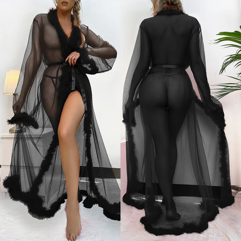 

Sexy Lace Mesh Sheer Long Robe Dress Lingerie Sets With Belt Hot Exotic Tulle Robe Long Nightgown Babydoll Sleepwear Sex Clothes