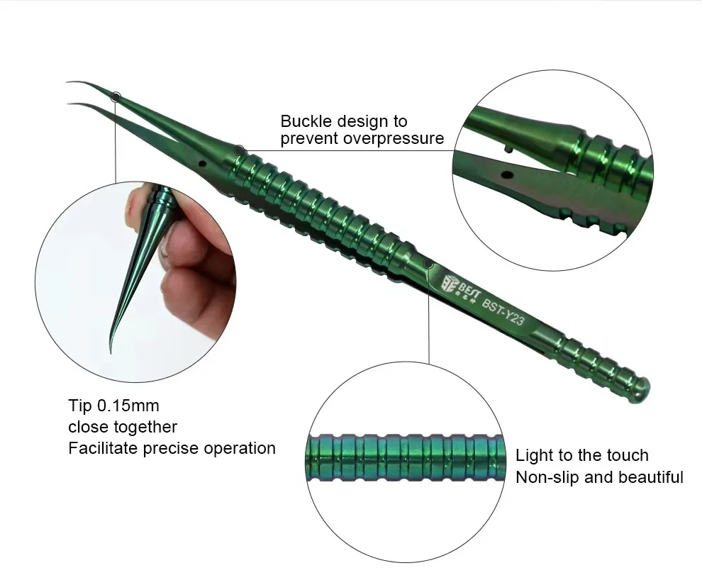 Präzisionspinzette aus Titanlegierung, grüne, feine, spitze/gebogene Pinzette für die Herstellung von Elektronik-Mikrolötarbeiten und Schmuck – Detail 8