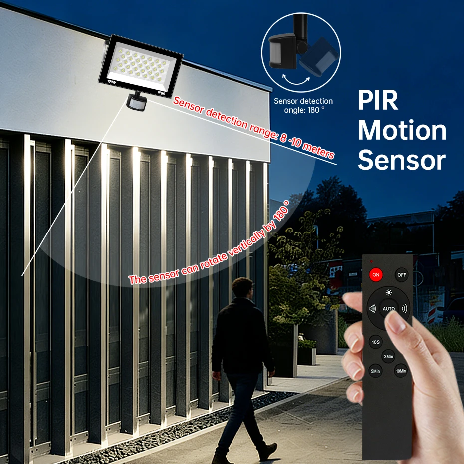 방수 IP66 LED 투광등 PIR 모션 센서 램프 30W 60W 100W AC 220V LED 스포트라이트 투광 조명 정원 야외 조명