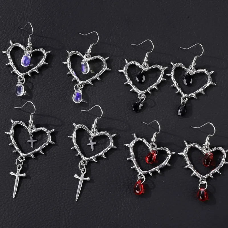 Silver Color Cross Heart Pendant Hoop Earrings for Women Vintage Gothic Dangle Earring Jewelry Gifts