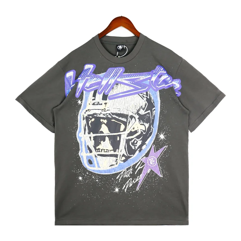

Hellstar Helmet Grey T-shirt Printed Pattern Street Vintage Loose Mens Womens Short Sleeve T-shirt Top