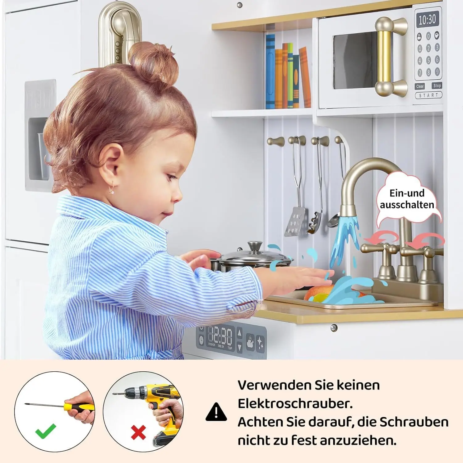 Kids Upright Wooden Kitchen Toy Playset with Stove, Oven, Sink, Fridge and Accessories, for Toddlers, Preschoolers, Children 5