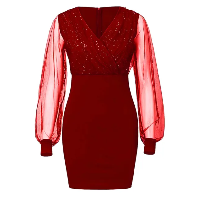 Wonen Sexy Sequins Retro Evening Dress Temperament Perspective Party Culb Dresses Elegant Long Sleeve Deep V Outfits Vestidos 5